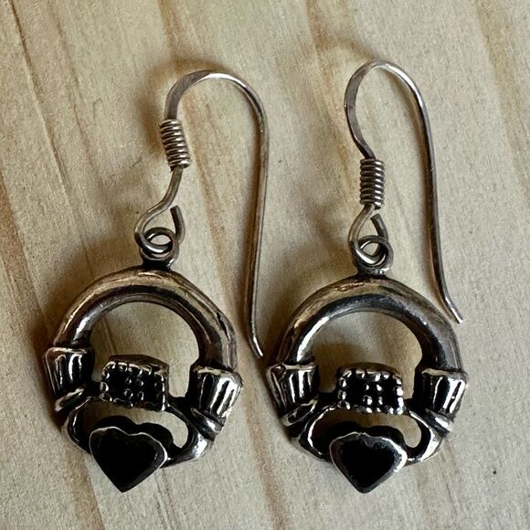 Sterling Silver Claddagh Earrings with Black Onyx Hearts - Picture 4 of 8